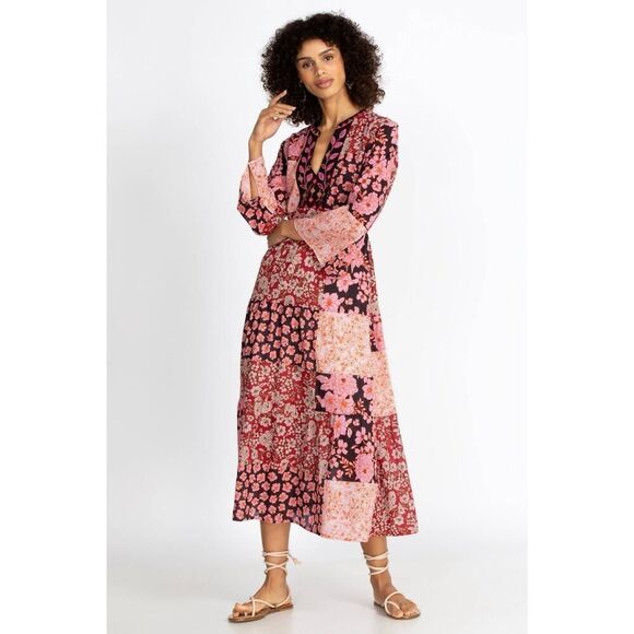 Johnny Was FLORA TIE BACK DRESS Patchwork Floral Multicolor Cotton sz M - Picture 2 of 16